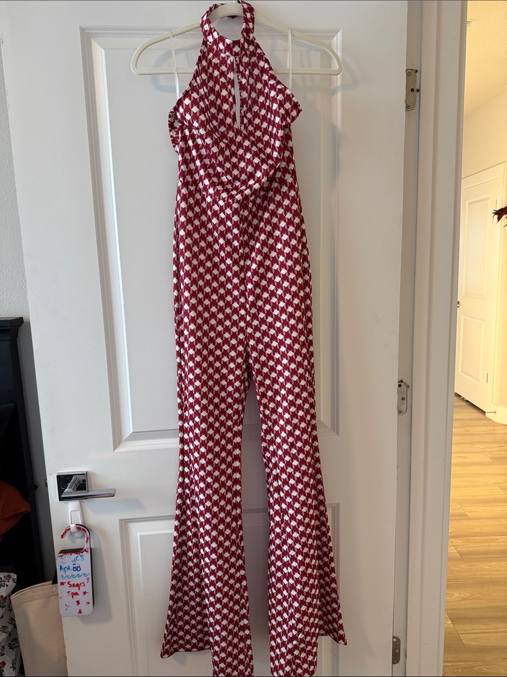 Red & White Geometric Halter Jumpsuit